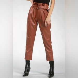 Do+Be Vegan Leather Trousers Paper Bag Caramel Brown High Waisted Belted Size S 